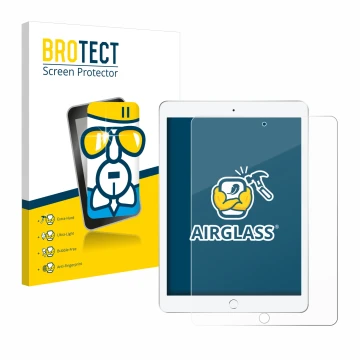 Parte frontal de un envase de producto con el logotipo de la marca BROTECT. Al lado se muestra el dispositivo Apple iPad 9.7