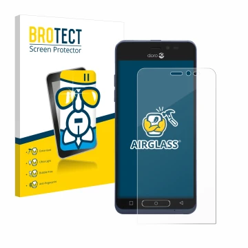 Parte frontal de un envase de producto con el logotipo de la marca BROTECT. Al lado se muestra el dispositivo Doro 8035 con su