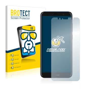 Parte frontal de un envase de producto con el logotipo de la marca BROTECT. Al lado se muestra el dispositivo Huawei Y6 2018 c