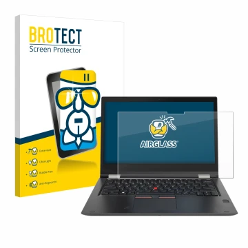 Parte frontal de un envase de producto con el logotipo de la marca BROTECT. Al lado se muestra el dispositivo Lenovo ThinkPad 