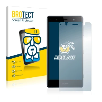 Parte frontal de un envase de producto con el logotipo de la marca BROTECT. Al lado se muestra el dispositivo Sony Xperia XZ2 