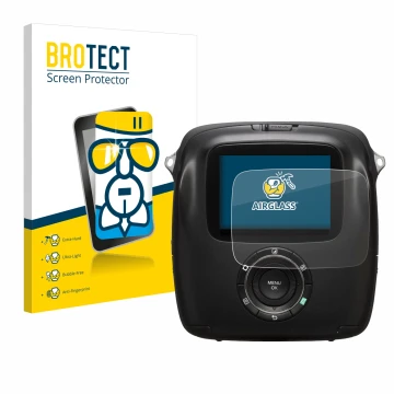 Parte frontal de un envase de producto con el logotipo de la marca BROTECT. Al lado se muestra el dispositivo Fujifilm Instax 