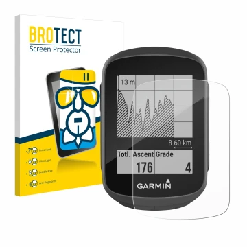 Parte frontal de un envase de producto con el logotipo de la marca BROTECT. Al lado se muestra el dispositivo Garmin Edge 130 
