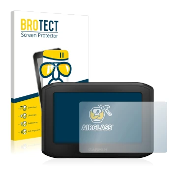Parte frontal de un envase de producto con el logotipo de la marca BROTECT. Al lado se muestra el dispositivo Garmin zumo 396 