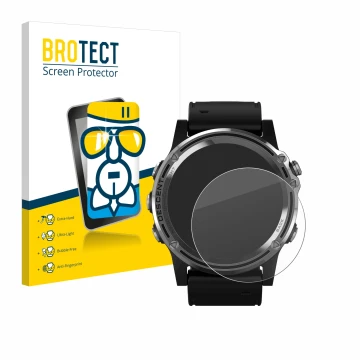 Parte frontal de un envase de producto con el logotipo de la marca BROTECT. Al lado se muestra el dispositivo Garmin Descent M