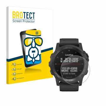 Parte frontal de un envase de producto con el logotipo de la marca BROTECT. Al lado se muestra el dispositivo Garmin Tactix Ch