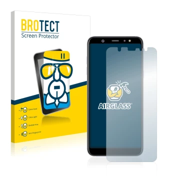 Parte frontal de un envase de producto con el logotipo de la marca BROTECT. Al lado se muestra el dispositivo Samsung Galaxy A