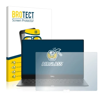 Parte frontal de un envase de producto con el logotipo de la marca BROTECT. Al lado se muestra el dispositivo Dell XPS 13 9370