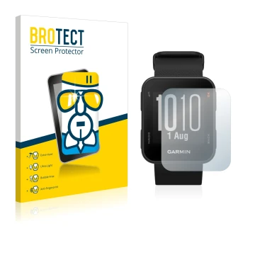 Parte frontal de un envase de producto con el logotipo de la marca BROTECT. Al lado se muestra el dispositivo Garmin Approach 