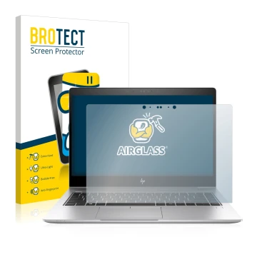 Parte frontal de un envase de producto con el logotipo de la marca BROTECT. Al lado se muestra el dispositivo HP EliteBook 840