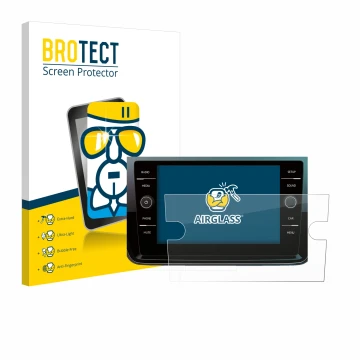 Parte frontal de un envase de producto con el logotipo de la marca BROTECT. Al lado se muestra el dispositivo Volkswagen Polo 