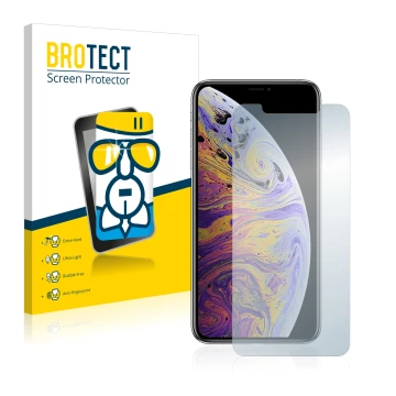 Parte frontal de un envase de producto con el logotipo de la marca BROTECT. Al lado se muestra el dispositivo Apple iPhone Xs 