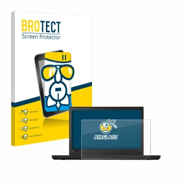 Parte frontal de un envase de producto con el logotipo de la marca BROTECT. Al lado se muestra el dispositivo Lenovo ThinkPad 