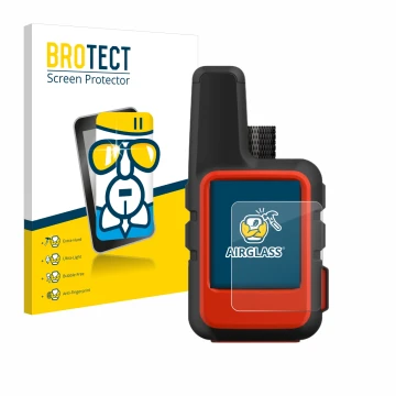 Parte frontal de un envase de producto con el logotipo de la marca BROTECT. Al lado se muestra el dispositivo Garmin inReach M