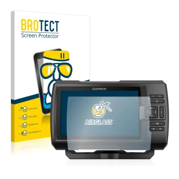 Parte frontal de un envase de producto con el logotipo de la marca BROTECT. Al lado se muestra el dispositivo Garmin Striker P