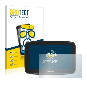 Parte frontal de un envase de producto con el logotipo de la marca BROTECT. Al lado se muestra el dispositivo TomTom GO Basic 