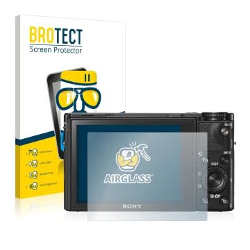 Parte frontal de un envase de producto con el logotipo de la marca BROTECT. Al lado se muestra el dispositivo Sony Cyber-Shot 