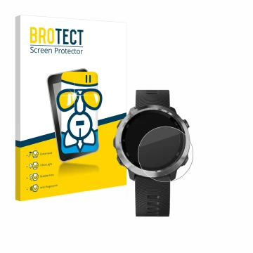Parte frontal de un envase de producto con el logotipo de la marca BROTECT. Al lado se muestra el dispositivo Garmin Forerunne
