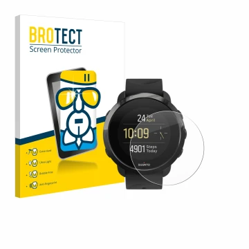 Parte frontal de un envase de producto con el logotipo de la marca BROTECT. Al lado se muestra el dispositivo Suunto 3 Fitness