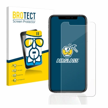 Parte frontal de un envase de producto con el logotipo de la marca BROTECT. Al lado se muestra el dispositivo Apple iPhone Xs 