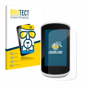 Parte frontal de un envase de producto con el logotipo de la marca BROTECT. Al lado se muestra el dispositivo Garmin Edge Expl