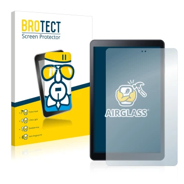 Parte frontal de un envase de producto con el logotipo de la marca BROTECT. Al lado se muestra el dispositivo Samsung Galaxy T