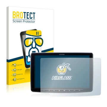 Parte frontal de un envase de producto con el logotipo de la marca BROTECT. Al lado se muestra el dispositivo Alpine iLX-F903D