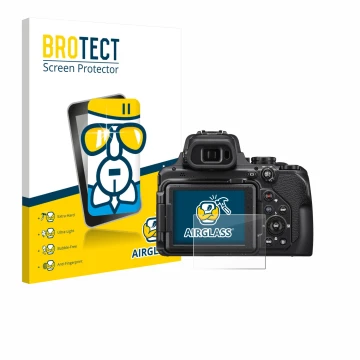 Parte frontal de un envase de producto con el logotipo de la marca BROTECT. Al lado se muestra el dispositivo Nikon Coolpix P1