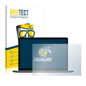 Parte frontal de un envase de producto con el logotipo de la marca BROTECT. Al lado se muestra el dispositivo Apple MacBook Pr