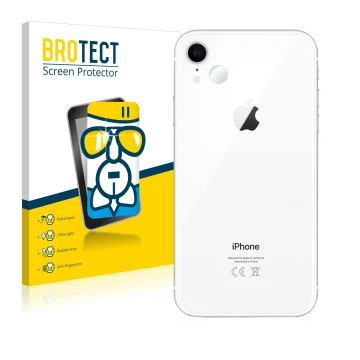 Parte frontal de un envase de producto con el logotipo de la marca BROTECT. Al lado se muestra el dispositivo Apple iPhone XR 
