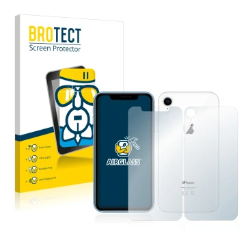 Parte frontal de un envase de producto con el logotipo de la marca BROTECT. Al lado se muestra el dispositivo Apple iPhone XR 