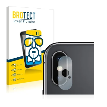 Parte frontal de un envase de producto con el logotipo de la marca BROTECT. Al lado se muestra el dispositivo Apple iPhone Xs 