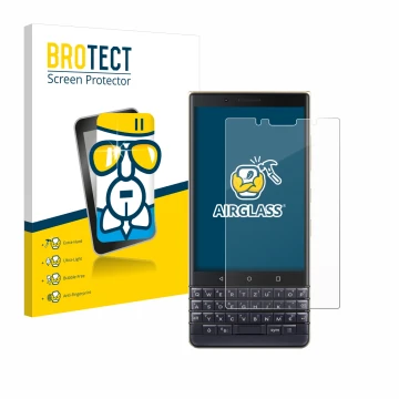 Parte frontal de un envase de producto con el logotipo de la marca BROTECT. Al lado se muestra el dispositivo BlackBerry Key2 