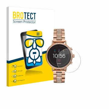 Parte frontal de un envase de producto con el logotipo de la marca BROTECT. Al lado se muestra el dispositivo Fossil Q Venture
