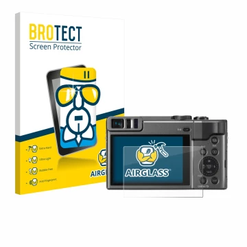 Parte frontal de un envase de producto con el logotipo de la marca BROTECT. Al lado se muestra el dispositivo Panasonic Lumix 