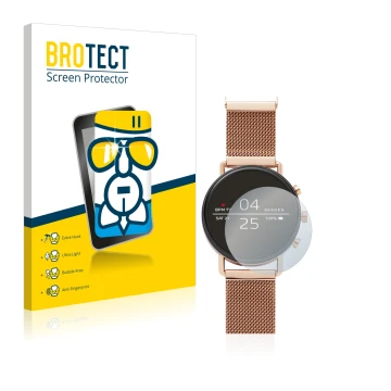 Parte frontal de un envase de producto con el logotipo de la marca BROTECT. Al lado se muestra el dispositivo Skagen Smartwatc