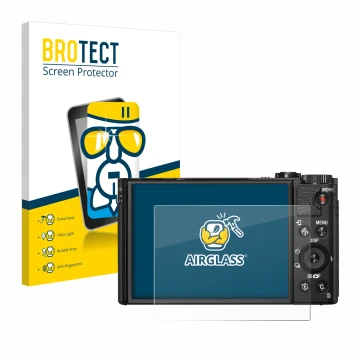 Parte frontal de un envase de producto con el logotipo de la marca BROTECT. Al lado se muestra el dispositivo Sony Cyber-Shot 