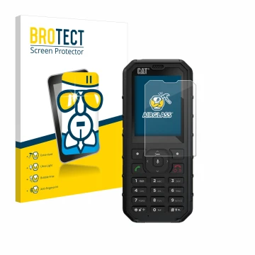 Parte frontal de un envase de producto con el logotipo de la marca BROTECT. Al lado se muestra el dispositivo Caterpillar Cat 