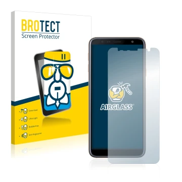 Parte frontal de un envase de producto con el logotipo de la marca BROTECT. Al lado se muestra el dispositivo Samsung Galaxy J