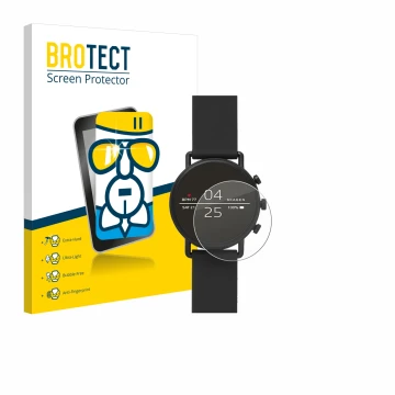 Parte frontal de un envase de producto con el logotipo de la marca BROTECT. Al lado se muestra el dispositivo Skagen Smartwatc