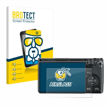 Parte frontal de un envase de producto con el logotipo de la marca BROTECT. Al lado se muestra el dispositivo Ricoh GR III 201