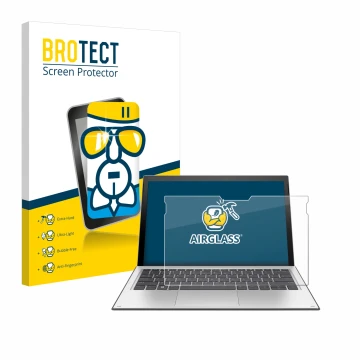 Parte frontal de un envase de producto con el logotipo de la marca BROTECT. Al lado se muestra el dispositivo HP Elite x2 1013