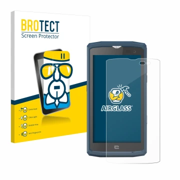 Parte frontal de un envase de producto con el logotipo de la marca BROTECT. Al lado se muestra el dispositivo Crosscall Core X