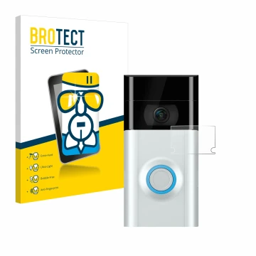 Parte frontal de un envase de producto con el logotipo de la marca BROTECT. Al lado se muestra el dispositivo Ring Doorbell 2 