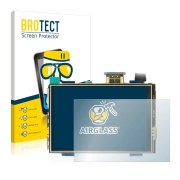 Parte frontal de un envase de producto con el logotipo de la marca BROTECT. Al lado se muestra el dispositivo Raspberry Pi Tou