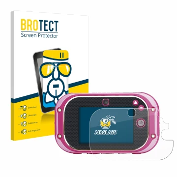 Parte frontal de un envase de producto con el logotipo de la marca BROTECT. Al lado se muestra el dispositivo Vtech Kidizoom T