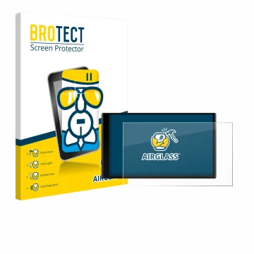 Parte frontal de un envase de producto con el logotipo de la marca BROTECT. Al lado se muestra el dispositivo Garmin DriveTrac