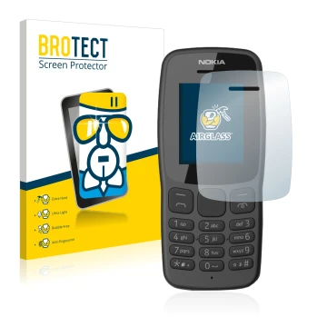 Parte frontal de un envase de producto con el logotipo de la marca BROTECT. Al lado se muestra el dispositivo Nokia 106 2018 c