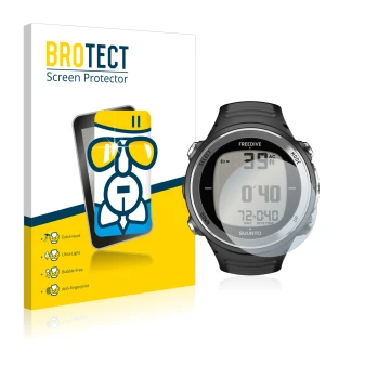 Parte frontal de un envase de producto con el logotipo de la marca BROTECT. Al lado se muestra el dispositivo Suunto D4F con s