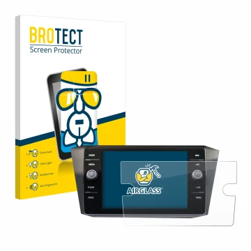 Parte frontal de un envase de producto con el logotipo de la marca BROTECT. Al lado se muestra el dispositivo Volkswagen Tigua